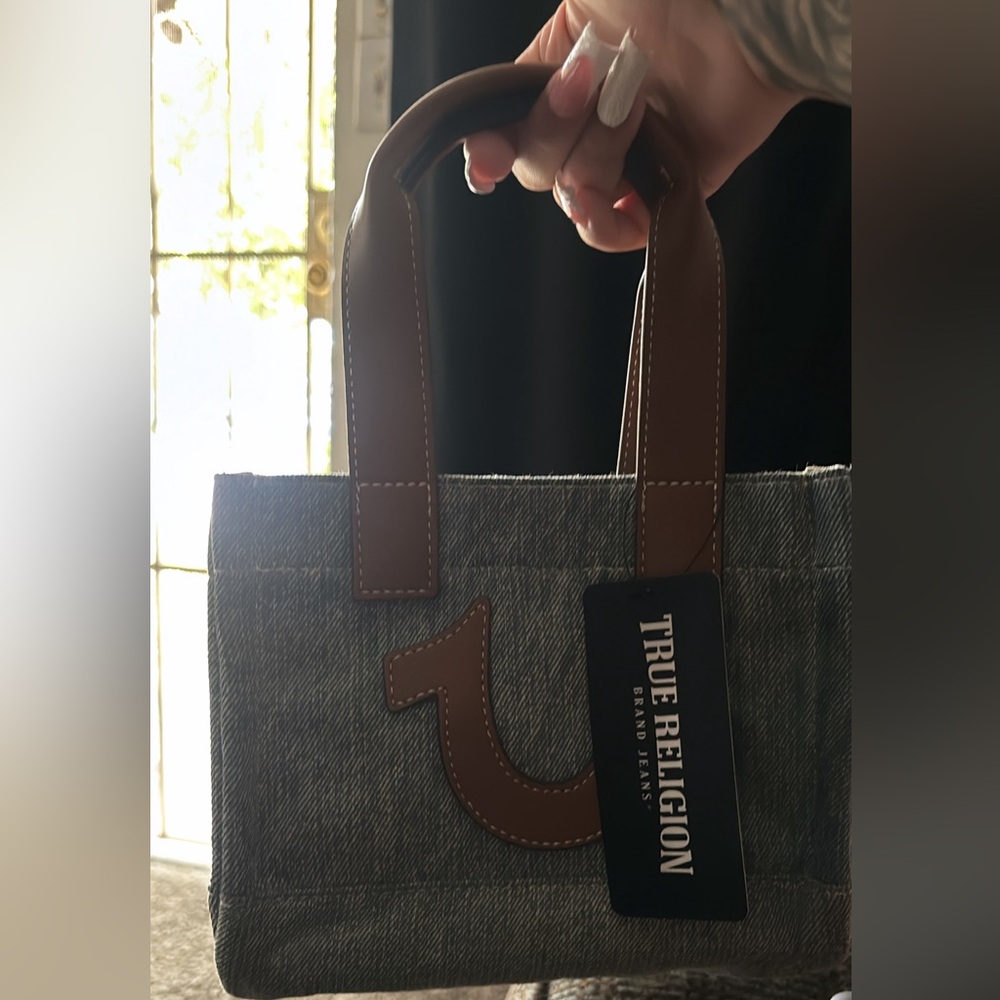 True Religion Denim Tote with Brown Handles